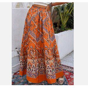 SHEIN curve 1XL Orange Vibrant Midi tiered Skirt Elastic waist Retro